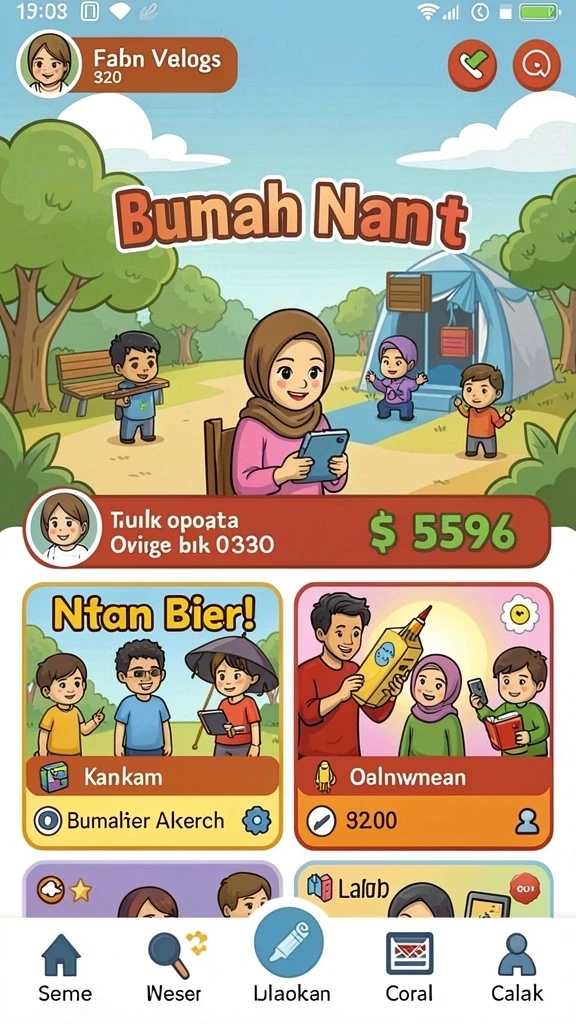 Screenshot menunjukkan petualangan seru di hutan berwarna-warni.